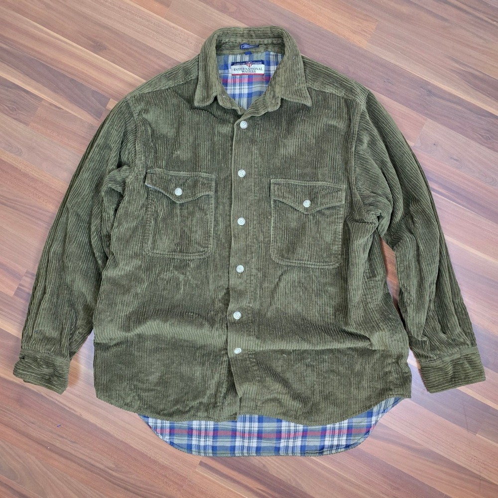 VTG International Waters Corduroy Flannel Lined Shirt Jacket L Olive Green
